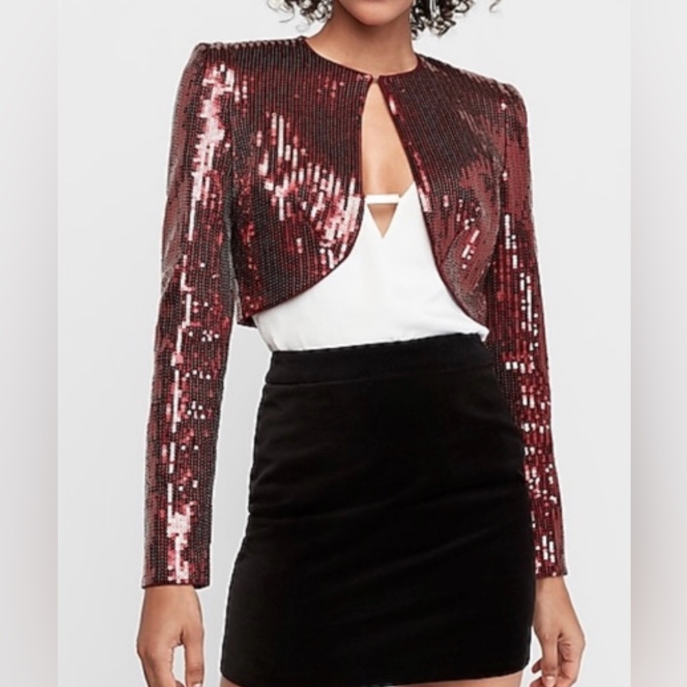Express x Karla Burgundy Sequin Bolero Jacket